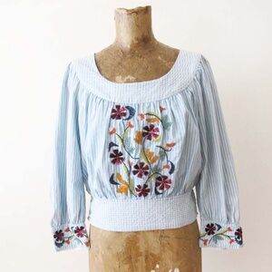 Anthropologie Beaded Puff Sleeve Blouse XS Blue White Stripe Floral Tie Back